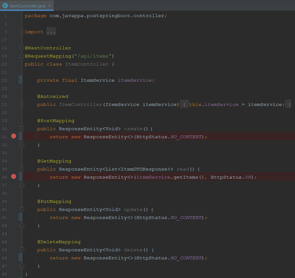 ItemController w Spring Boot starter.