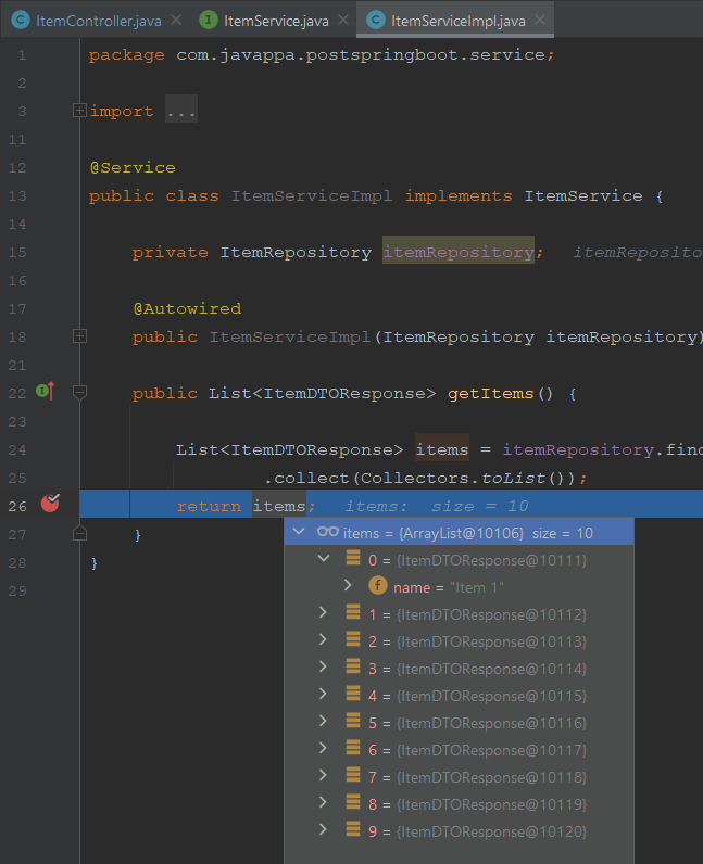 Spring Boot - Breakpoint w metodzie getItems